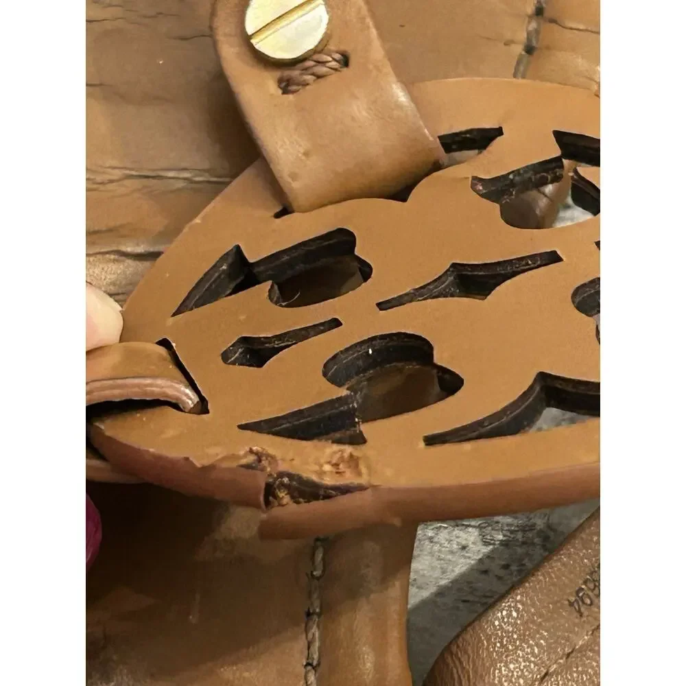 Tory Burch Miller Leather Logo Brown Sandals Thong Leather Sz 8